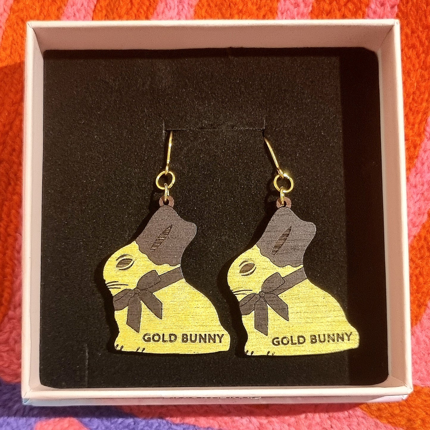 Earrings Gold Bunny Dark Chocolate - Hand-Painted Wood