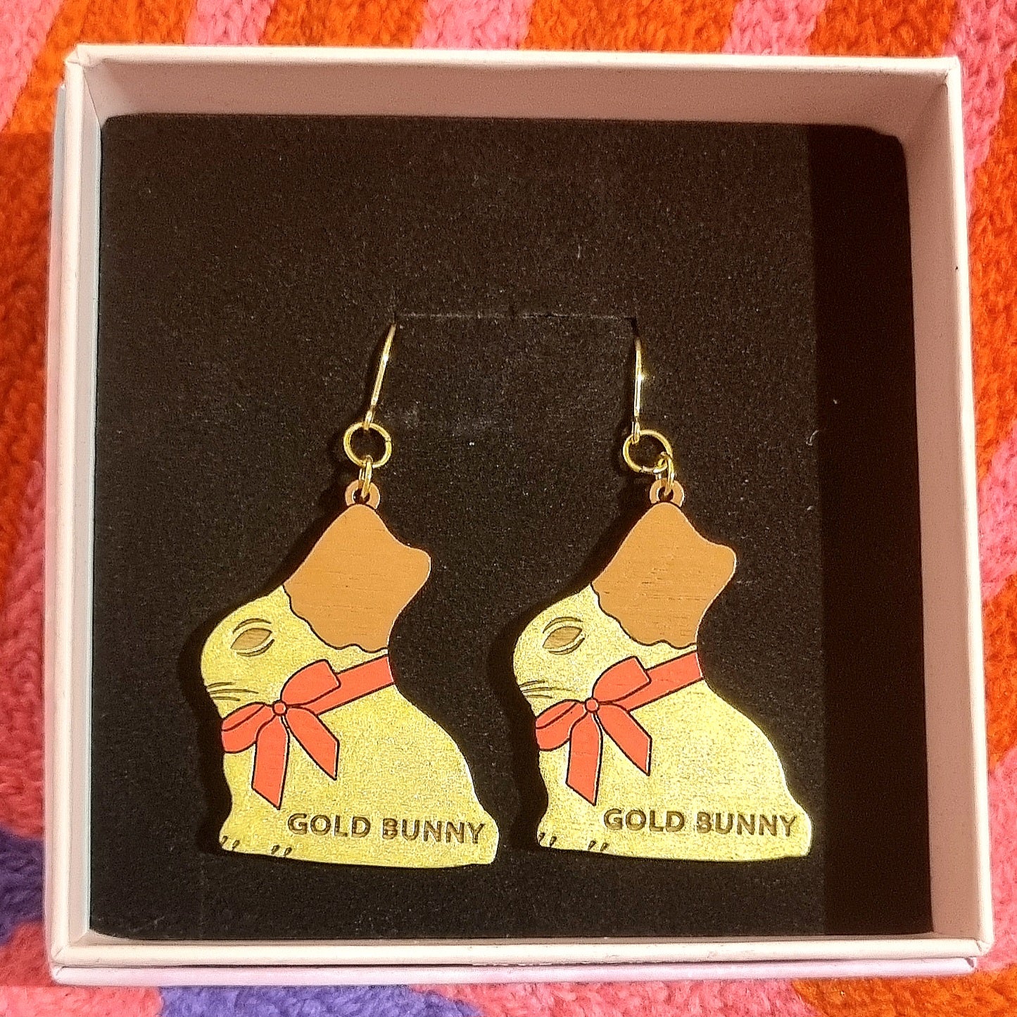 Earrings Gold Bunny Milk Chocolate - Hand-Painted Wood