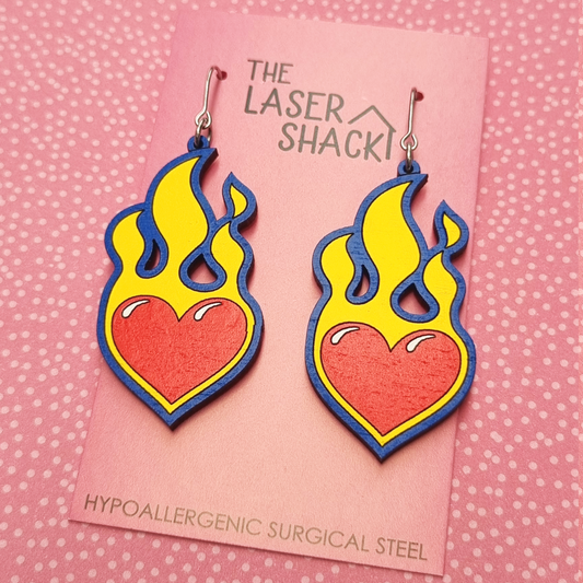 Burning Love Earrings Hand-Painted Wood