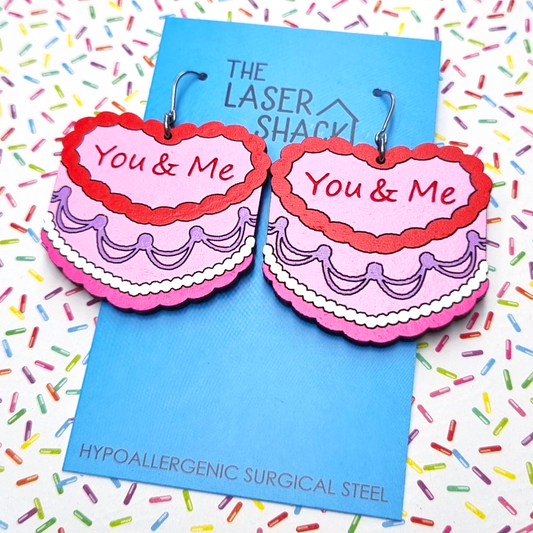 Love Heart Cake You & Me Earrings Hand-Painted Wood