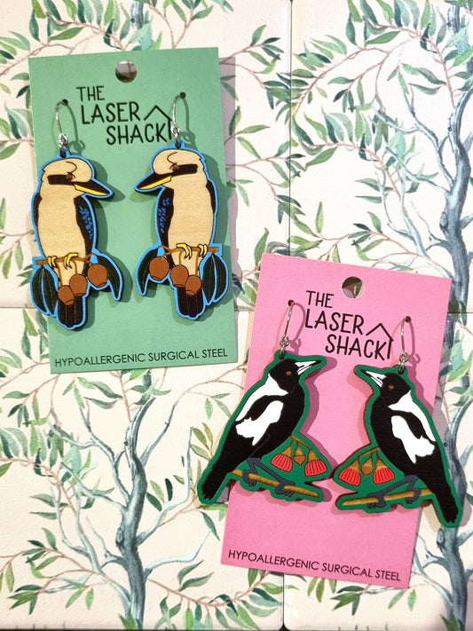 Magpie Earrings Hand-Painted Wood