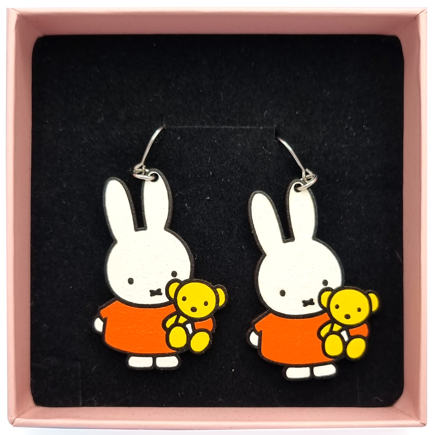 Bunny with Teddy Earrings Hand-Painted Wood