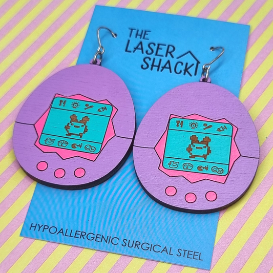 Tamagotchi Lavender Earrings Hand-Painted Wood