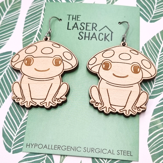 Mushroom Frog Earrings Wood