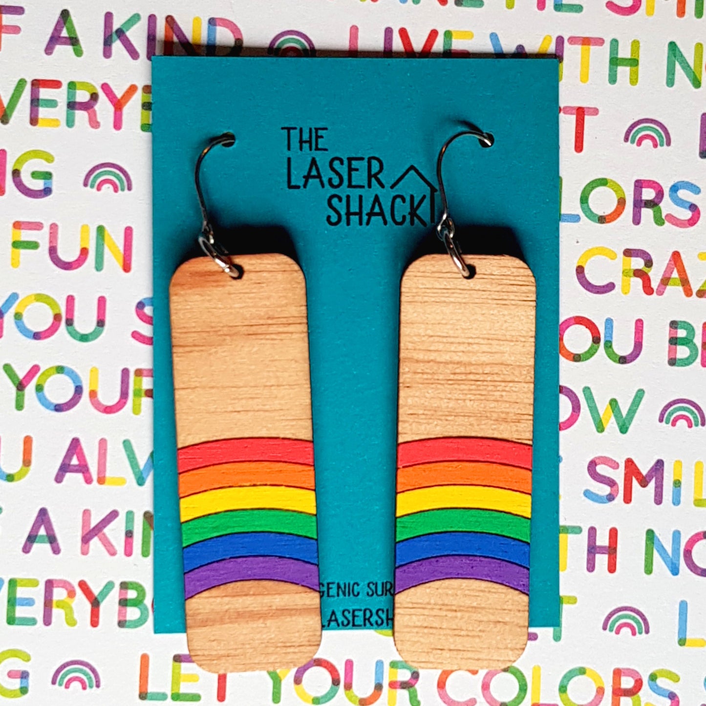 Earrings Rainbow Rectangle - Hand-Painted Wood