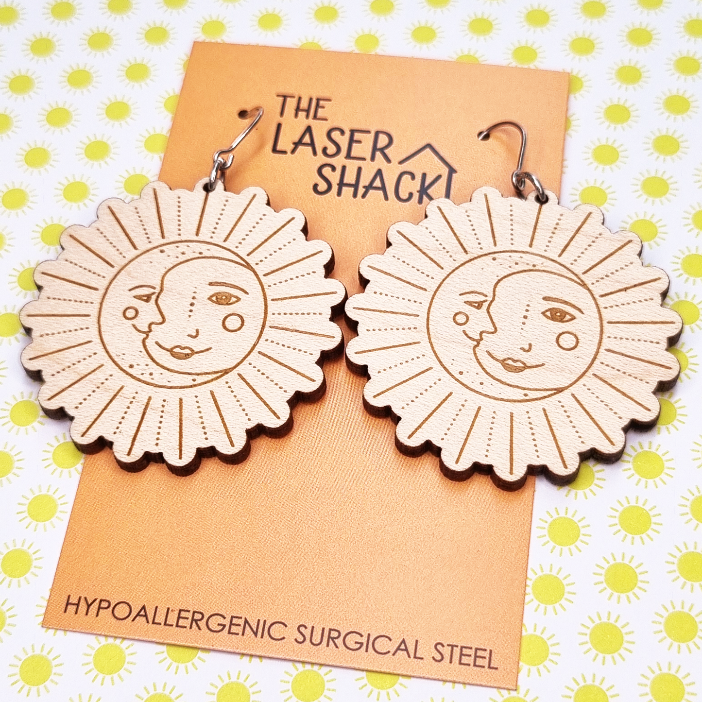 Earrings Celestial Sun & Moon - Wood