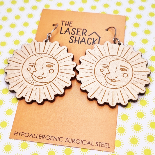 Celestial Sun & Moon Earrings Wood