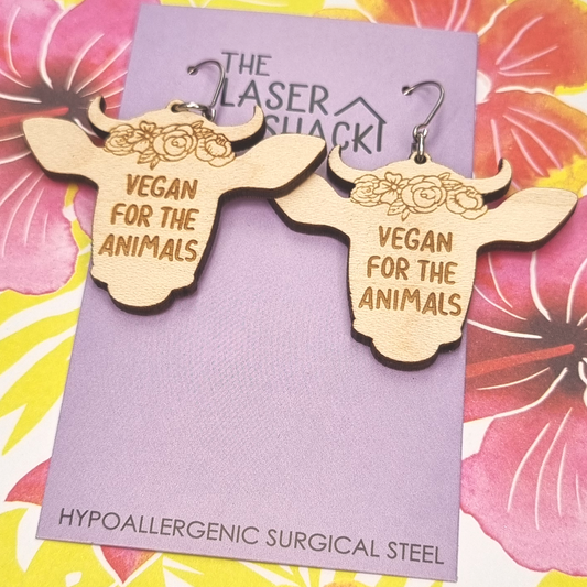 Cow Vegan for the Animals Earrings Wood