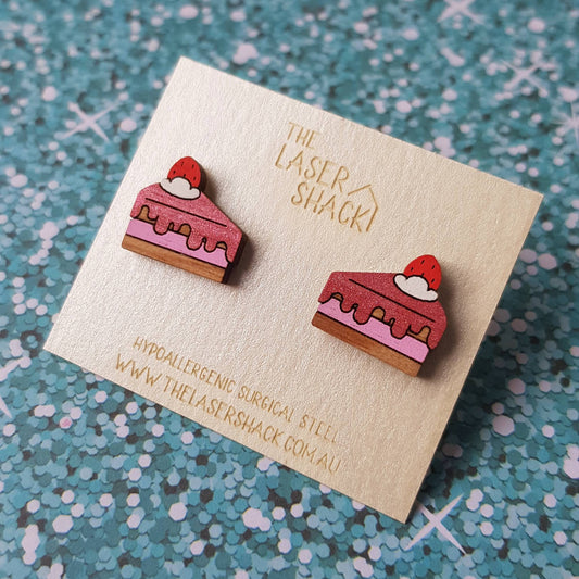 Strawberry Cake Glitter Studs Hand-Painted Wood