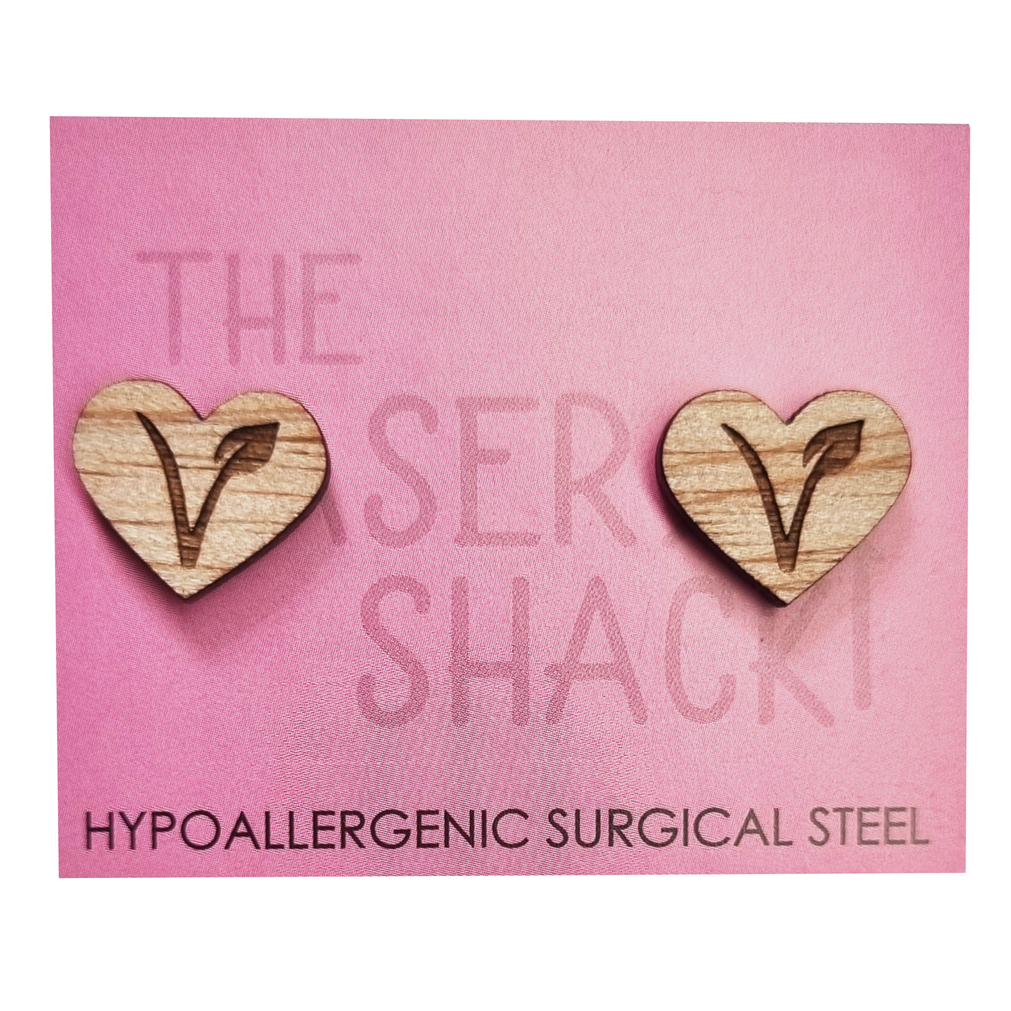 Vegan Heart Studs Laser Cut Wood