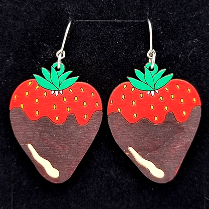 Chocolate Strawberry Earrings Hand-Painted Wood