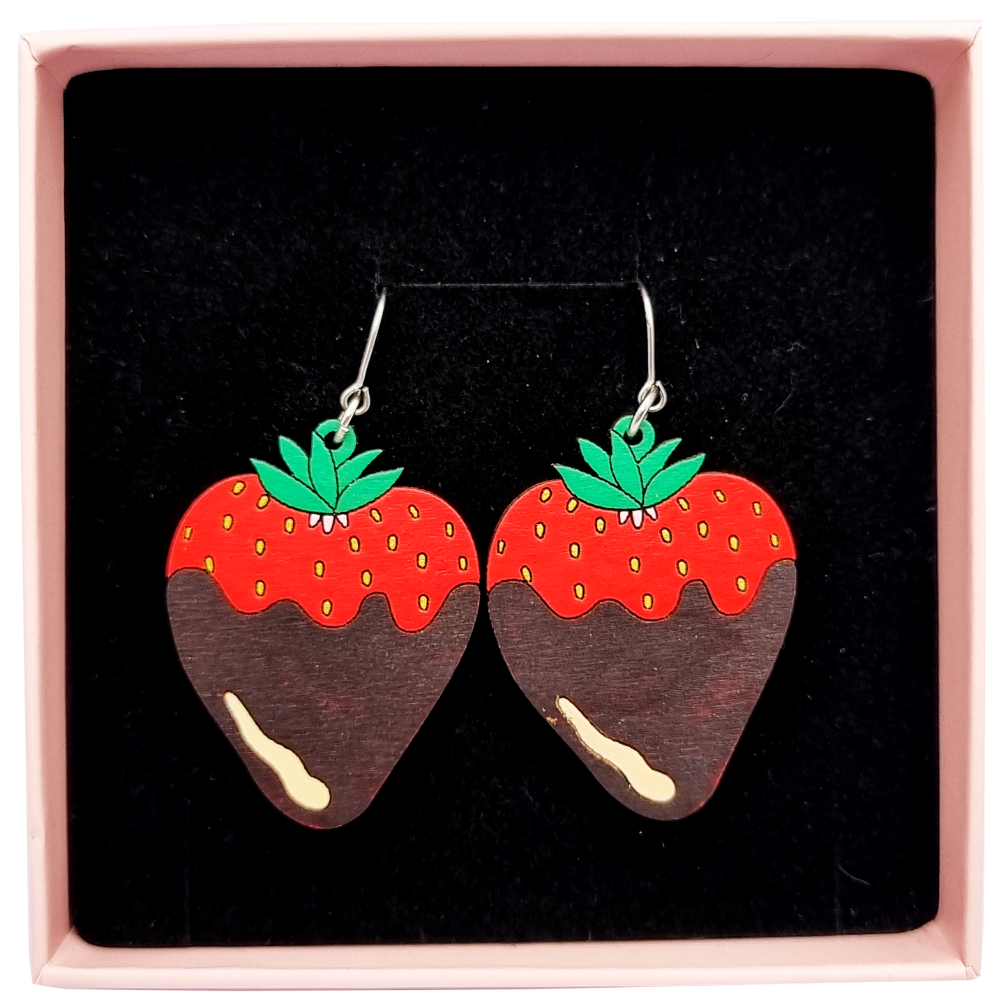 Chocolate Strawberry Earrings Hand-Painted Wood