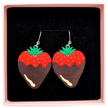 Chocolate Strawberry Earrings Hand-Painted Wood