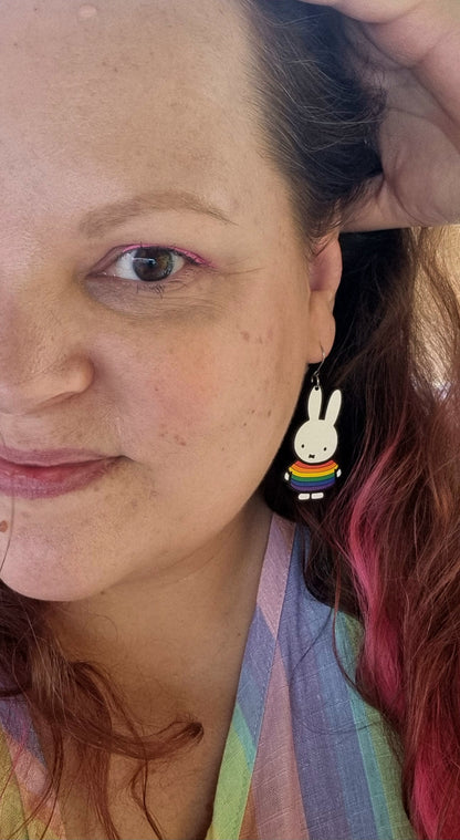 Bunny Rainbow LGBTQIA+ Earrings Hand-Painted Wood