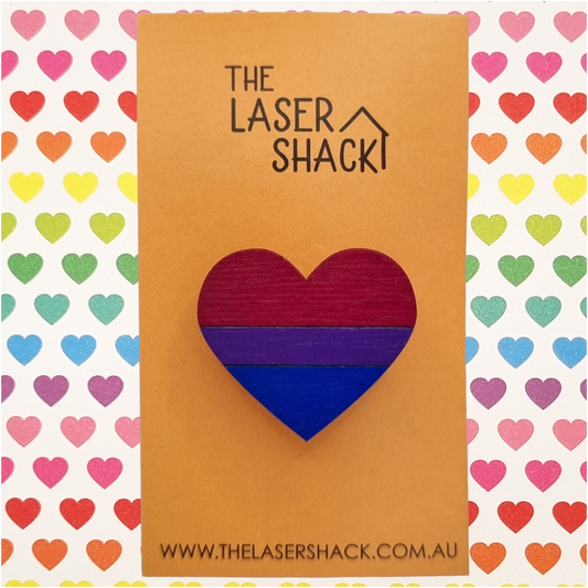 Bisexual LGBTQIA+ Heart Brooch Badge Hand-Painted Wood