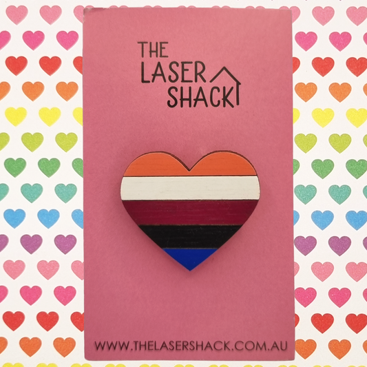 Genderfluid LGBTQIA+ Heart Brooch Badge Hand-Painted Wood
