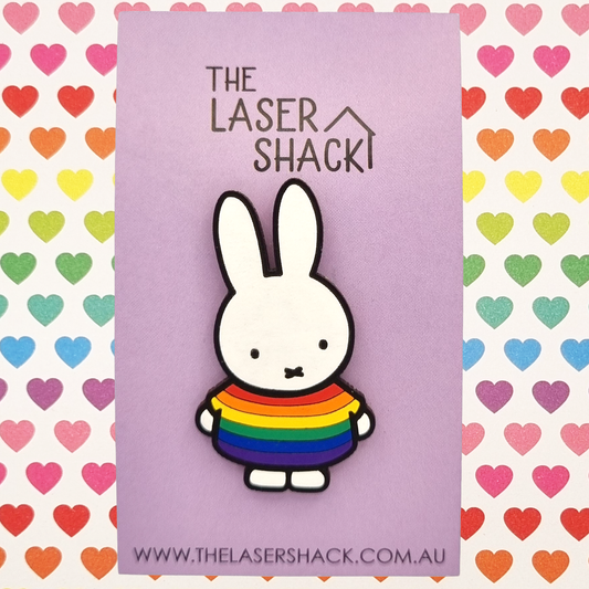 Bunny Rainbow LGBTQIA+ Brooch Badge Hand-Painted Wood