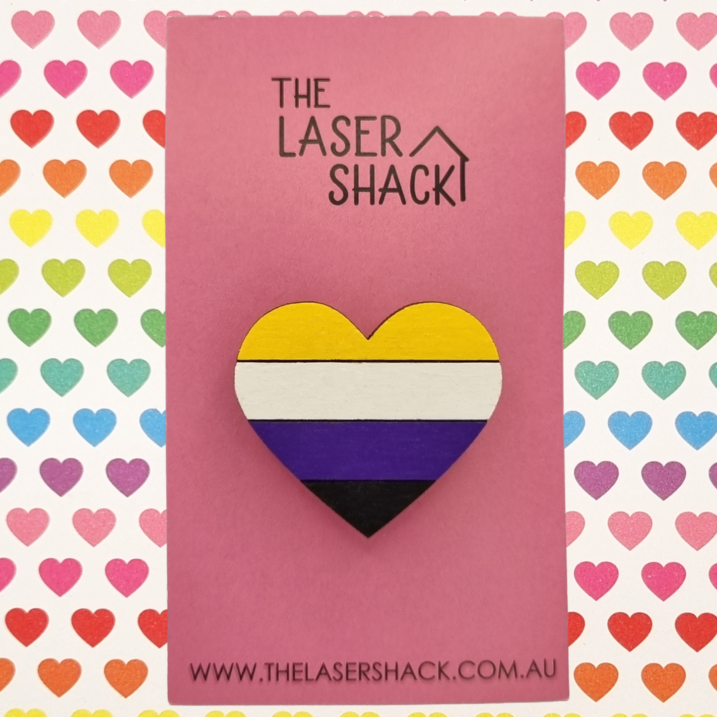 Nonbinairy LGBTQIA+ Heart Brooch Badge Hand-Painted Wood