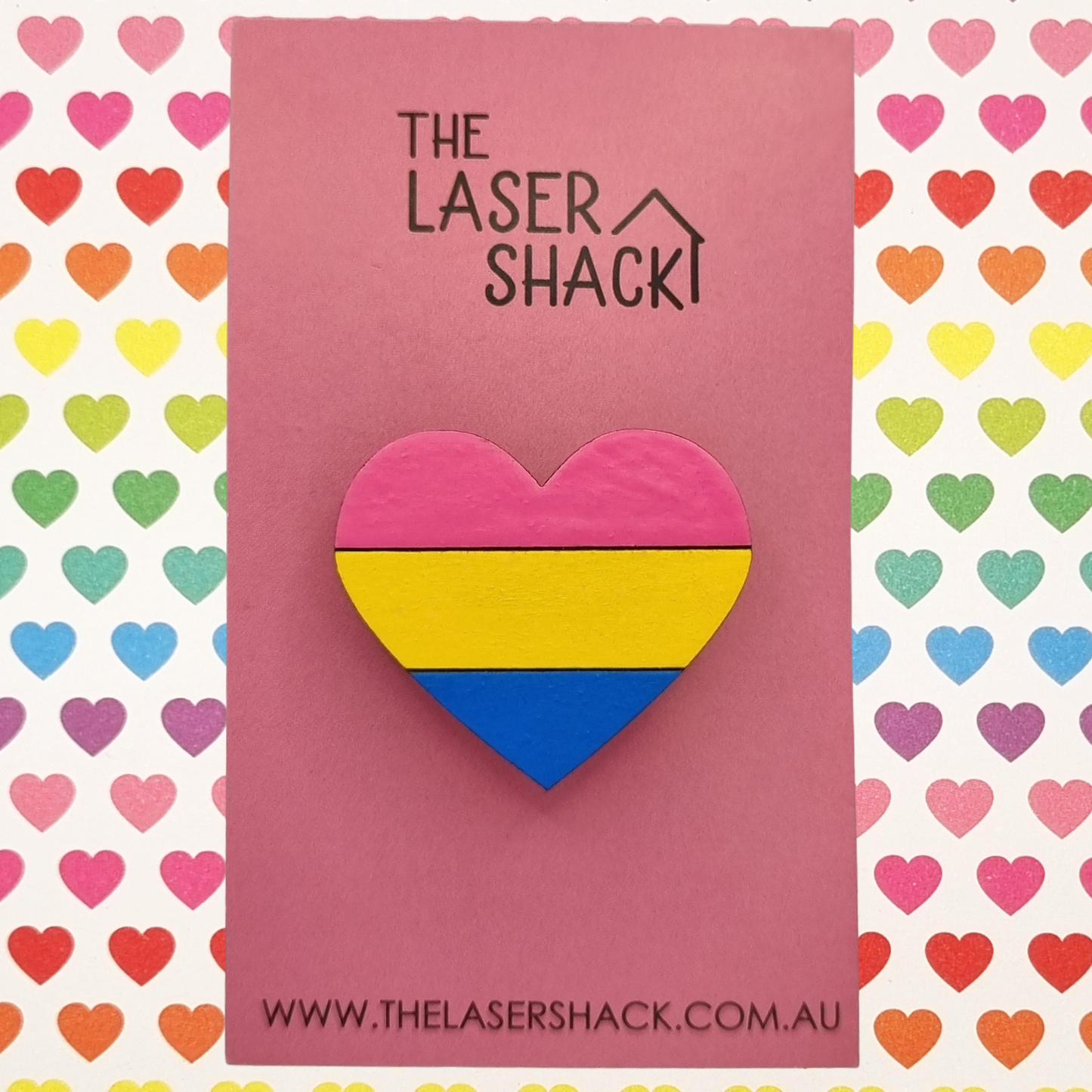 Pansexual LGBTQIA+ Heart Brooch Badge Hand-Painted Wood
