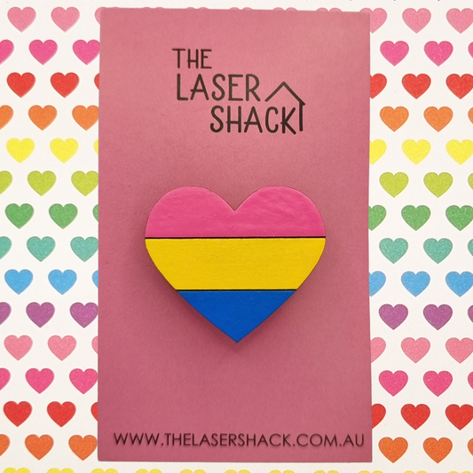 Pansexual LGBTQIA+ Heart Brooch Badge Hand-Painted Wood