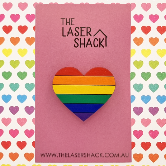 Rainbow LGBTQIA+ Heart Brooch Badge Hand-Painted Wood