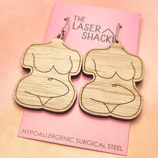 Earrings Woman Body Line-Drawing - Wood