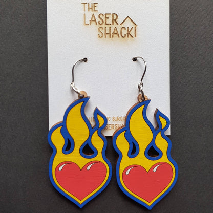 Burning Love Earrings Hand-Painted Wood