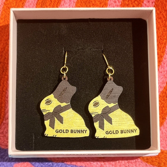 Earrings Gold Bunny Dark Chocolate  - Hand-Painted Wood