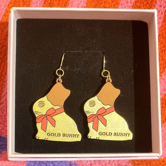Earrings Gold Bunny Milk Chocolate  - Hand-Painted Wood