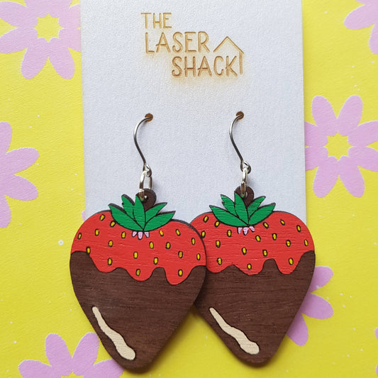 Earrings Chocolate Strawberry - Hand-Painted Wood