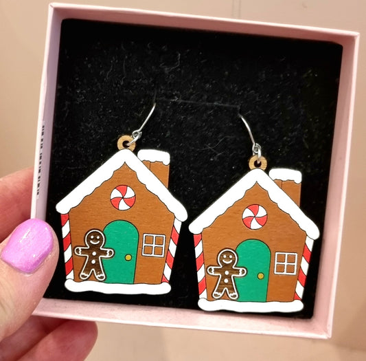 Earrings Gingerbread House - Hand-Painted Wood