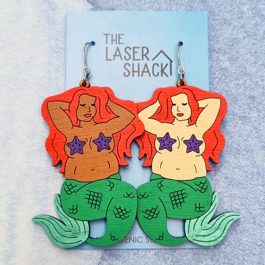 Earrings Mermaid Ariel -Hand-Painted Wood