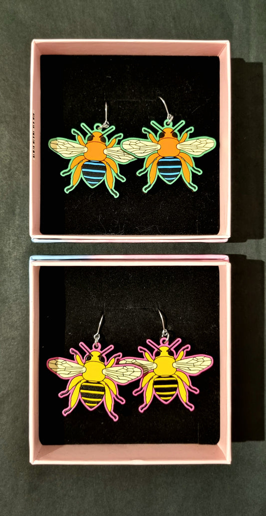 Earrings Blue Banded Bee - Hand-Painted Wood