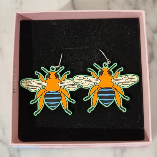 Earrings Blue Banded Bee - Hand-Painted Wood
