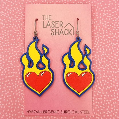 Burning Love Earrings Hand-Painted Wood
