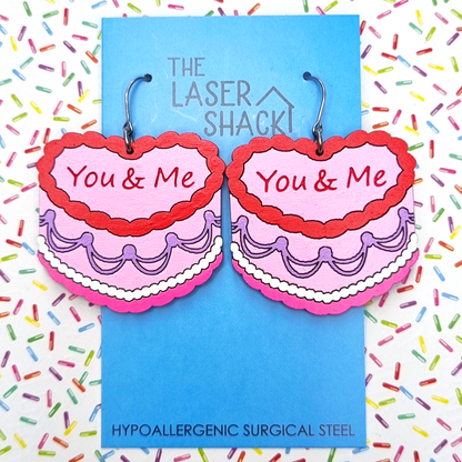 Love Heart Cake You & Me Earrings Hand-Painted Wood