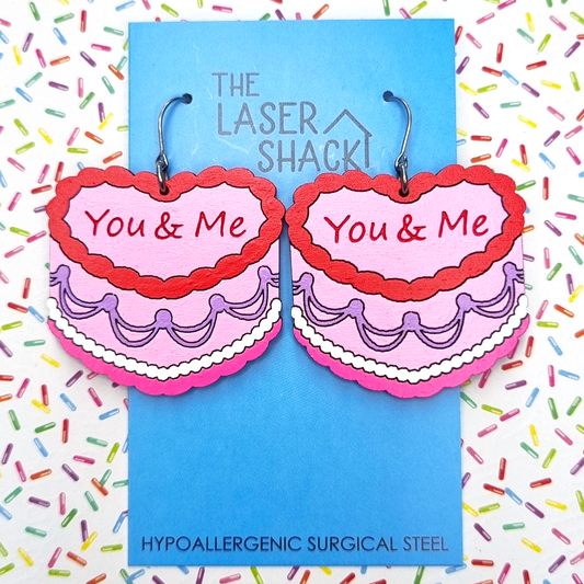 Earrings Love Heart Cake You & Me - Hand-Painted Wood