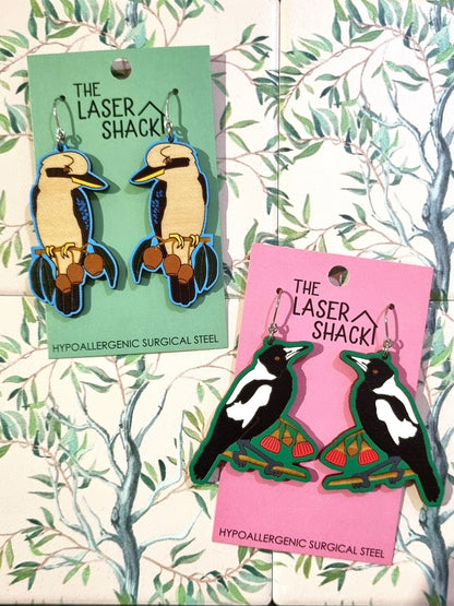 Magpie Earrings Hand-Painted Wood