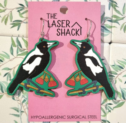Magpie Earrings Hand-Painted Wood