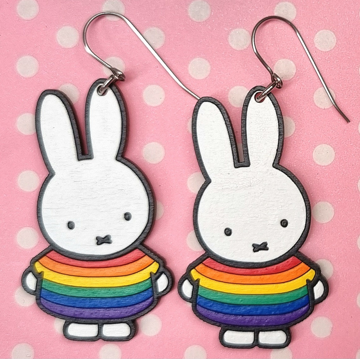 Bunny Rainbow LGBTQIA+ Earrings Hand-Painted Wood