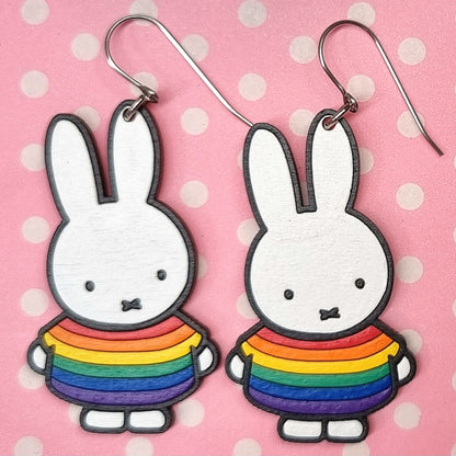 Bunny Rainbow LGBTQIA+ Earrings Hand-Painted Wood