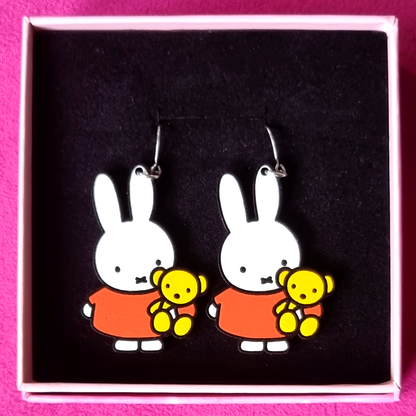 Bunny with Teddy Earrings Hand-Painted Wood