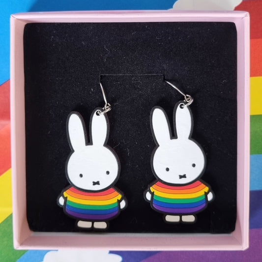 Bunny Rainbow LGBTQIA+ Earrings Hand-Painted Wood