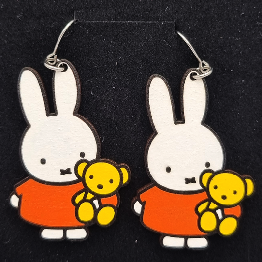 Bunny with Teddy Earrings Hand-Painted Wood