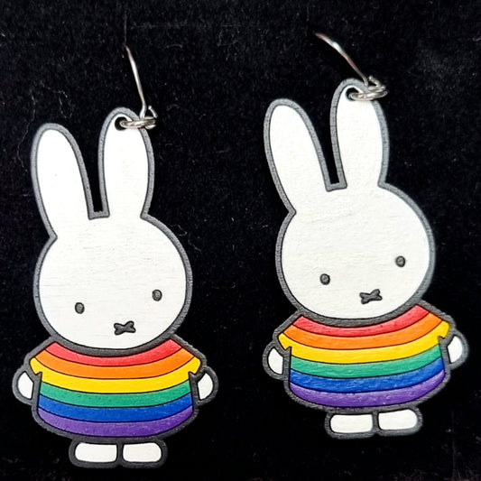 Bunny Rainbow LGBTQIA+ Earrings Hand-Painted Wood