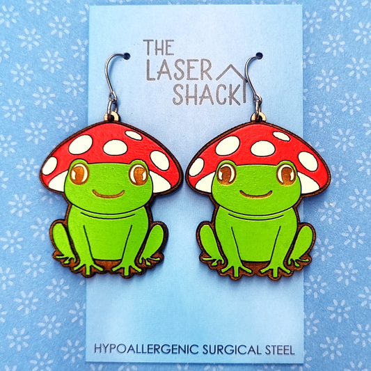 Earrings Mushroom Frog - Hand-Painted Wood