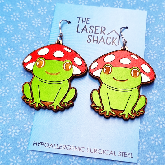Earrings Mushroom Frog - Hand-Painted Wood
