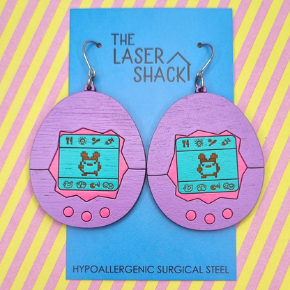 Tamagotchi Lavender Earrings Hand-Painted Wood