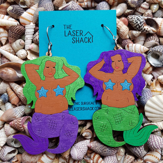 Earrings Mermaid Delphin - Hand-Painted Wood