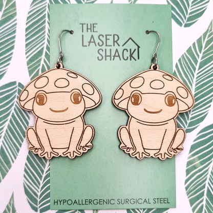 Mushroom Frog Earrings Wood